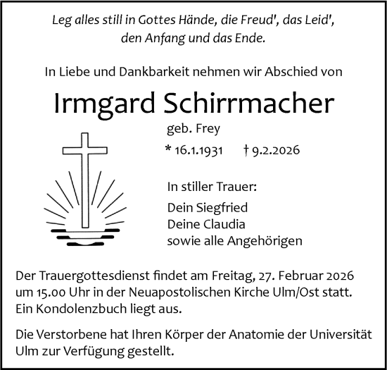 Traueranzeige von Irmgard Schirrmacher von SÜDWEST PRESSE Ausgabe Ulm/Neu-Ulm/Ehingen