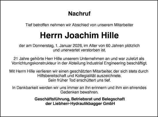 Traueranzeige von Joachim Hille von SÜDWEST PRESSE Ausgabe Ulm/Neu-Ulm/Ehingen
