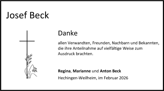 Traueranzeige von Josef Beck von SÜDWEST PRESSE Zollernalbkreis