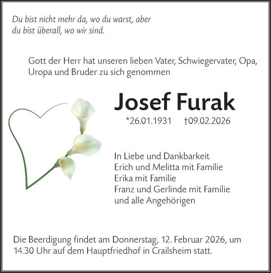 Traueranzeige von Josef Furak von Hohenloher Tagblatt