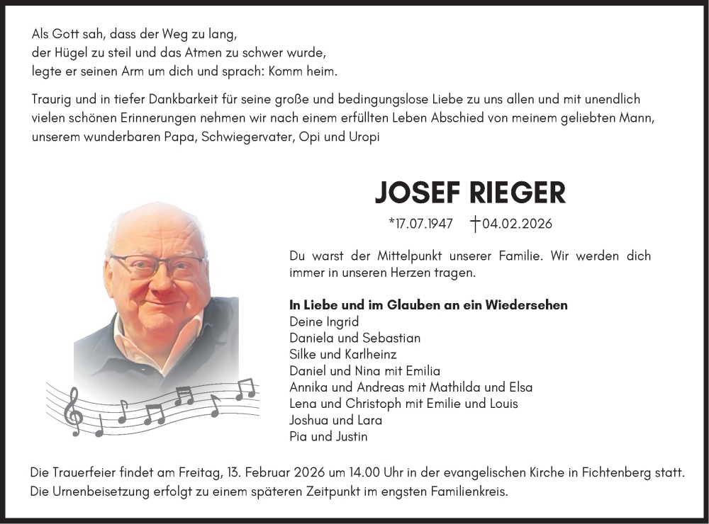  Traueranzeige für Josef Rieger vom 10.02.2026 aus Rundschau Gaildorf