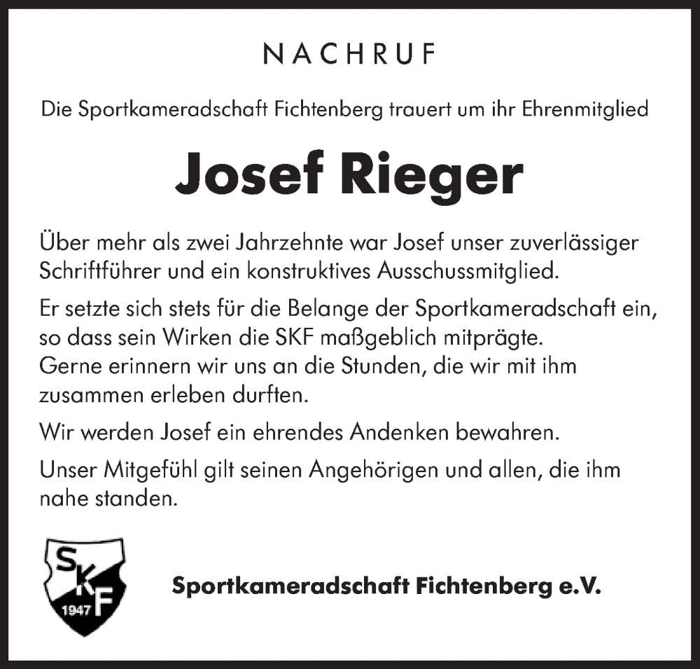  Traueranzeige für Josef Rieger vom 10.02.2026 aus Rundschau Gaildorf