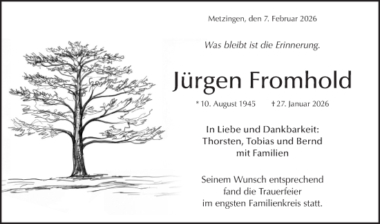Traueranzeige von Jürgen Fromhold von Alb-Bote/Metzinger-Uracher Volksblatt