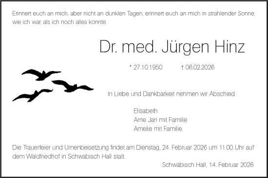 Traueranzeige von Jürgen Hinz von Haller Tagblatt