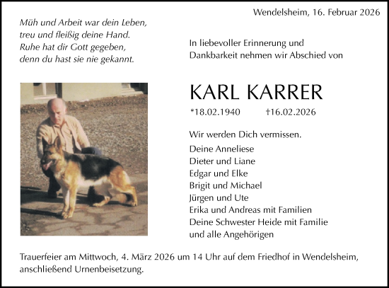 Traueranzeige von Karl Karrer von Schwäbische Tagblatt