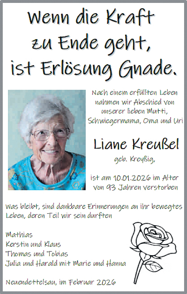  Traueranzeige für Liane Kreußel vom 14.02.2026 aus Rundschau Gaildorf