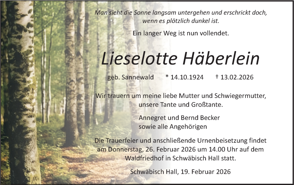  Traueranzeige für Lieselotte Häberlein vom 19.02.2026 aus Haller Tagblatt