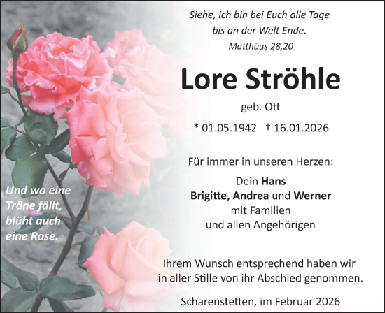 Traueranzeige von Lore Ströhle von SÜDWEST PRESSE Ausgabe Ulm/Neu-Ulm/Ehingen