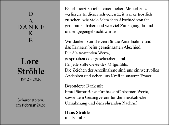 Traueranzeige von Lore Ströhle von SÜDWEST PRESSE Ausgabe Ulm/Neu-Ulm/Ehingen