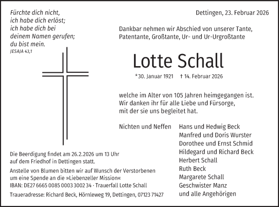 Traueranzeige von Lotte Schall von Alb-Bote/Metzinger-Uracher Volksblatt