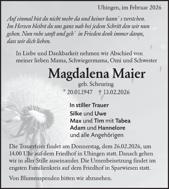 Traueranzeige von Magdalena Maier von NWZ Neue Württembergische Zeitung