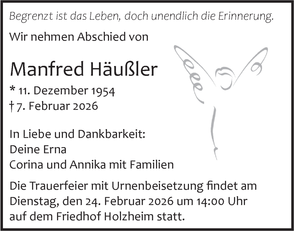  Traueranzeige für Manfred Häußler vom 14.02.2026 aus SÜDWEST PRESSE Ausgabe Ulm/Neu-Ulm/Ehingen