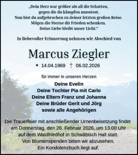 Traueranzeige von Marcus Ziegler von Haller Tagblatt