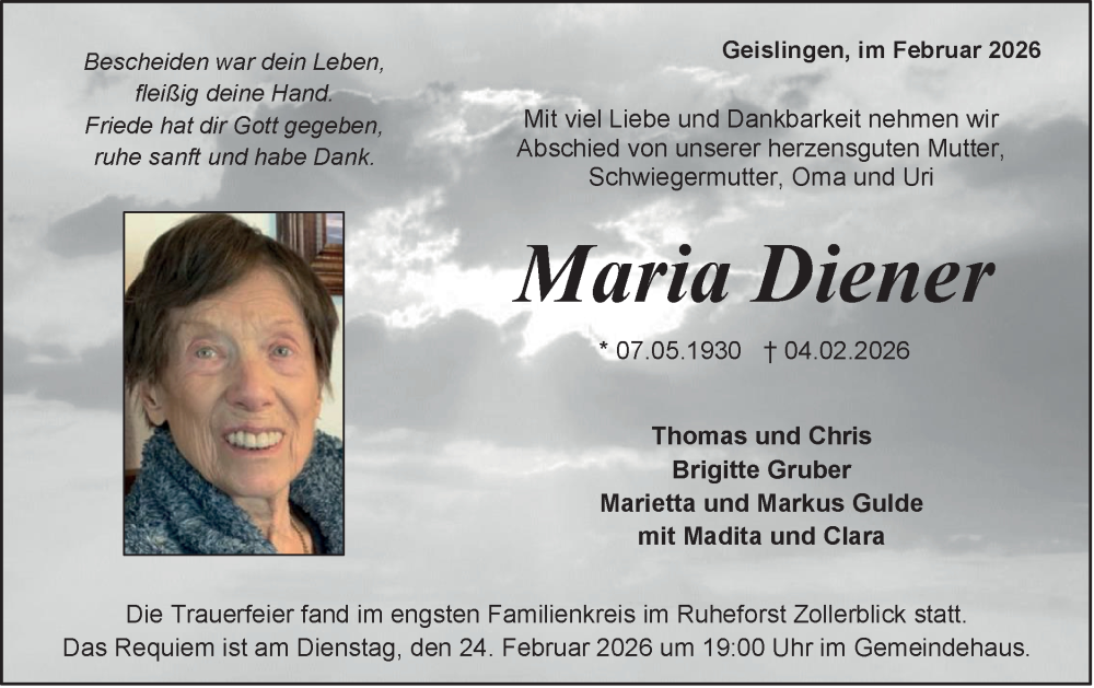 Traueranzeige für Maria Diener vom 21.02.2026 aus SÜDWEST PRESSE Zollernalbkreis