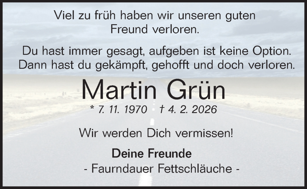  Traueranzeige für Martin Grün vom 21.02.2026 aus NWZ Neue Württembergische Zeitung