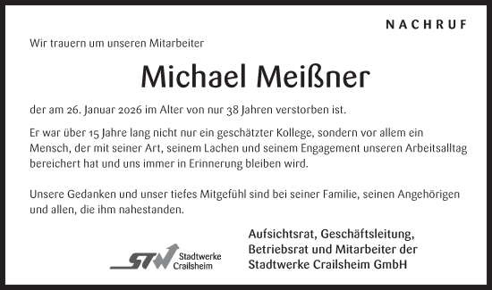 Traueranzeige von Michael Meißner von Hohenloher Tagblatt