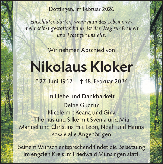 Traueranzeige von Nikolaus Kloker von Alb-Bote/Metzinger-Uracher Volksblatt