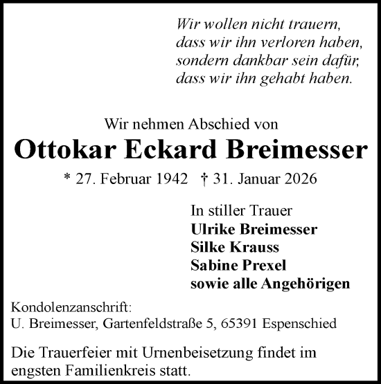 Traueranzeige von Ottokar Eckard Breimesser von Schwäbische Tagblatt