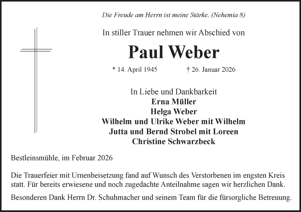  Traueranzeige für Paul Weber vom 10.02.2026 aus Hohenloher Tagblatt