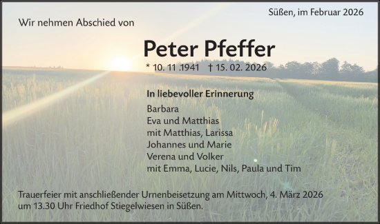 Traueranzeige von Peter Pfeffer von NWZ Neue Württembergische Zeitung/Geislinger Zeitung