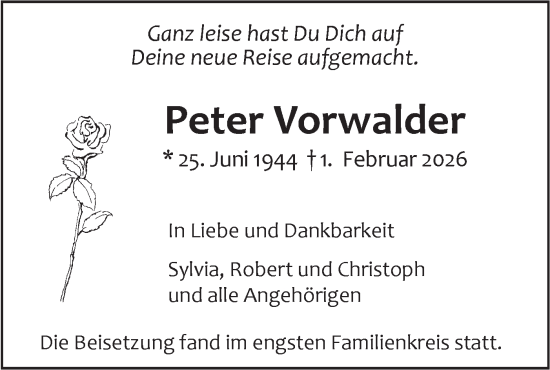 Traueranzeige von Peter Vorwalder von SÜDWEST PRESSE Ausgabe Ulm/Neu-Ulm/Ehingen
