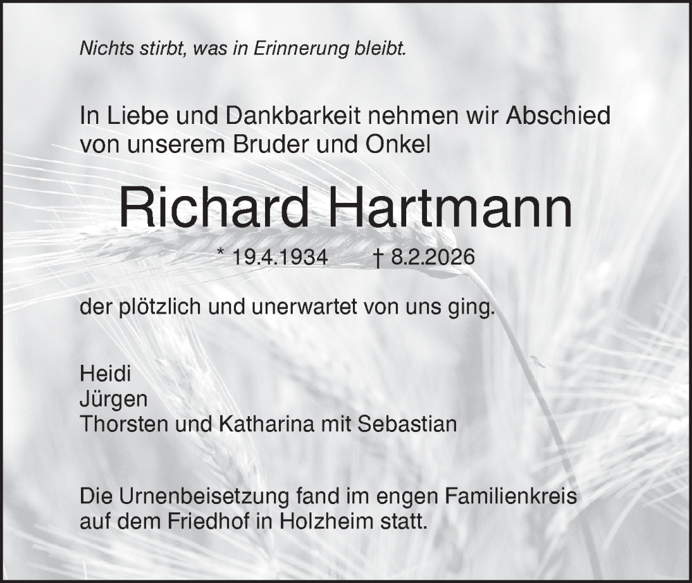  Traueranzeige für Richard Hartmann vom 21.02.2026 aus SÜDWEST PRESSE Ausgabe Ulm/Neu-Ulm/Ehingen/Neu-Ulmer Zeitung