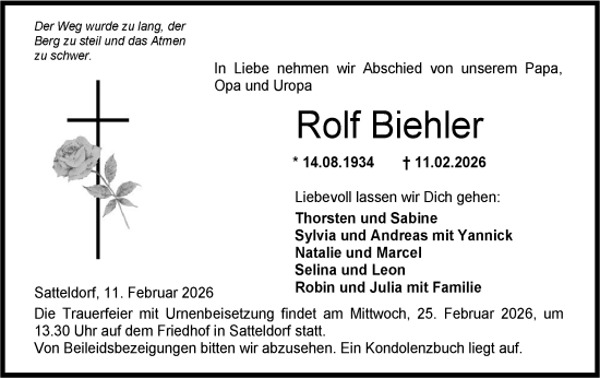 Traueranzeige von Rolf Biehler von Hohenloher Tagblatt