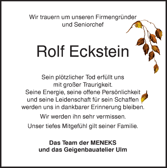 Traueranzeige von Rolf Eckstein von SÜDWEST PRESSE Ausgabe Ulm/Neu-Ulm/Ehingen
