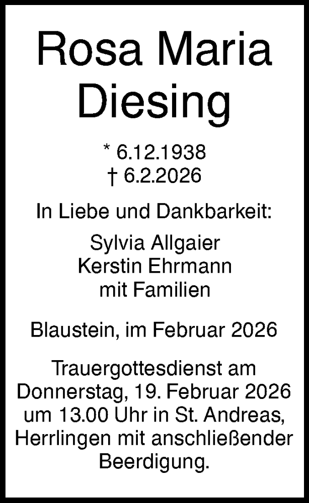  Traueranzeige für Rosa Maria Diesing vom 14.02.2026 aus SÜDWEST PRESSE Ausgabe Ulm/Neu-Ulm/Ehingen