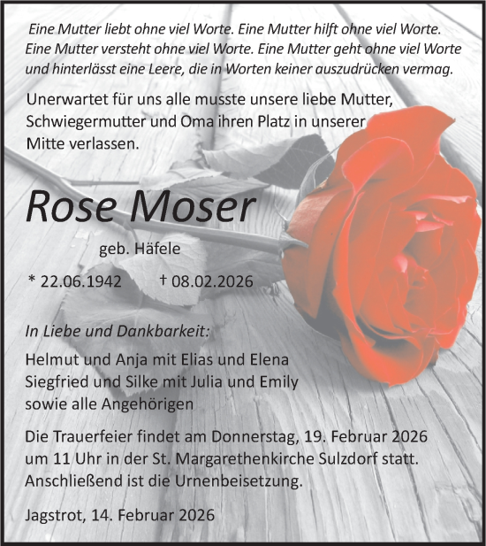 Traueranzeige von Rose Moser von Haller Tagblatt