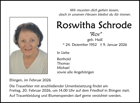 Traueranzeige von Roswitha Schrode von Ehinger Tagblatt
