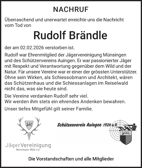 Traueranzeige von Rudolf Brändle von Alb-Bote/Metzinger-Uracher Volksblatt