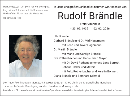 Traueranzeige von Rudolf Brändle von Alb-Bote/Metzinger-Uracher Volksblatt