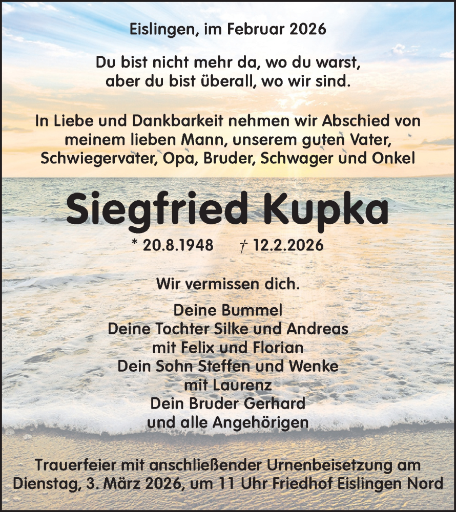  Traueranzeige für Siegfried Kupka vom 21.02.2026 aus NWZ Neue Württembergische Zeitung