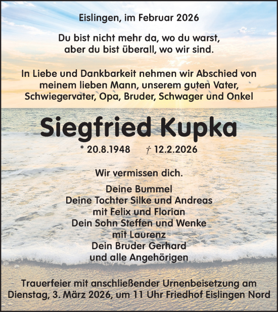 Traueranzeige von Siegfried Kupka von NWZ Neue Württembergische Zeitung