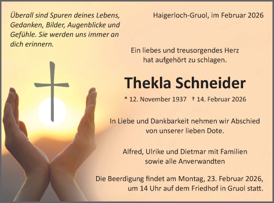 Traueranzeige von Thekla Schneider von SÜDWEST PRESSE Zollernalbkreis
