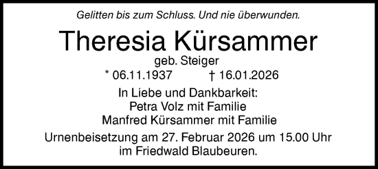 Traueranzeige von Theresia Kürsammer von SÜDWEST PRESSE Ausgabe Ulm/Neu-Ulm/Ehingen
