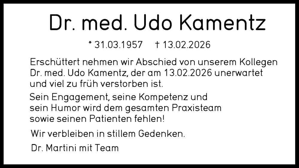  Traueranzeige für Udo Kamentz vom 21.02.2026 aus SÜDWEST PRESSE Ausgabe Ulm/Neu-Ulm/Ehingen