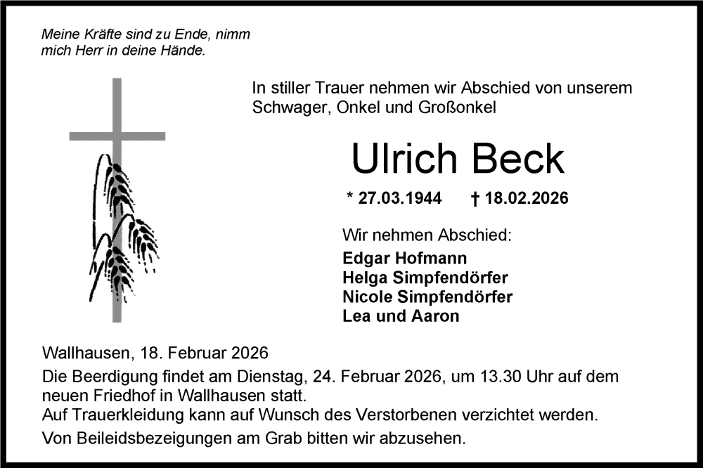  Traueranzeige für Ulrich Beck vom 20.02.2026 aus Hohenloher Tagblatt