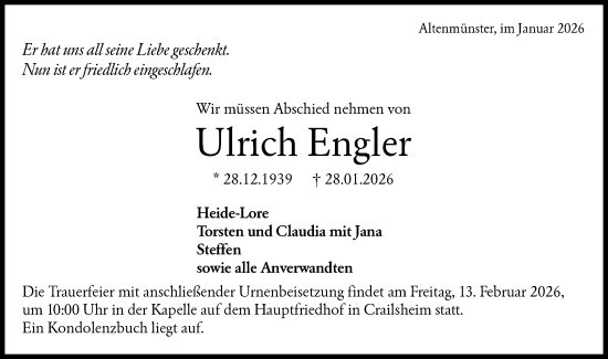 Traueranzeige von Ulrich Engler von Hohenloher Tagblatt