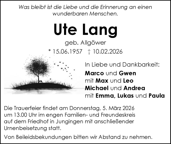 Traueranzeige von Ute Lang von SÜDWEST PRESSE Ausgabe Ulm/Neu-Ulm/Ehingen