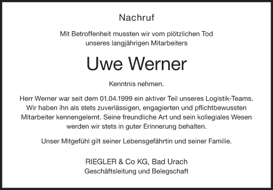 Traueranzeige von Uwe Werner von Alb-Bote/Metzinger-Uracher Volksblatt