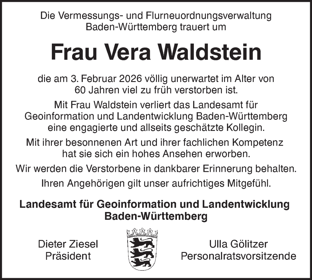  Traueranzeige für Vera Waldstein vom 23.02.2026 aus Ehinger Tagblatt