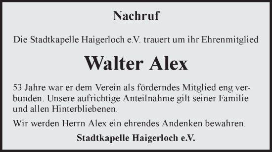Traueranzeige von Walter Alex von SÜDWEST PRESSE Zollernalbkreis