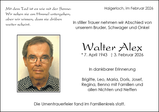Traueranzeige von Walter Alex von SÜDWEST PRESSE Zollernalbkreis
