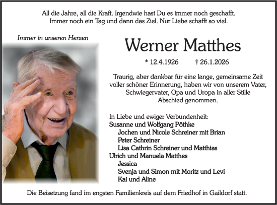 Traueranzeige von Werner Matthes von Rundschau Gaildorf