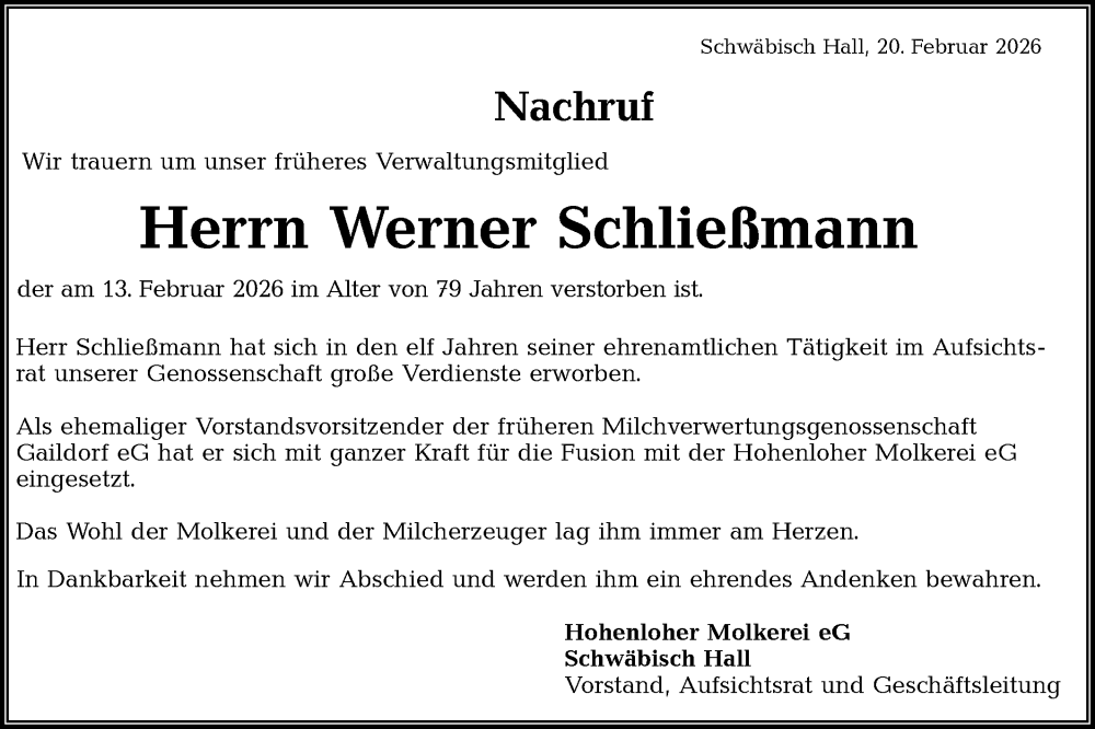  Traueranzeige für Werner Schließmann vom 20.02.2026 aus Rundschau Gaildorf