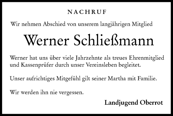 Traueranzeige von Werner Schließmann von Rundschau Gaildorf