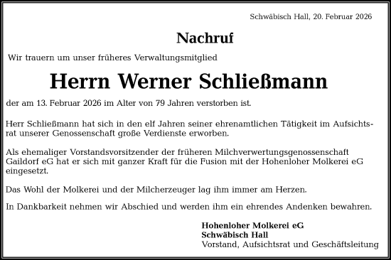 Traueranzeige von Werner Schließmann von Rundschau Gaildorf