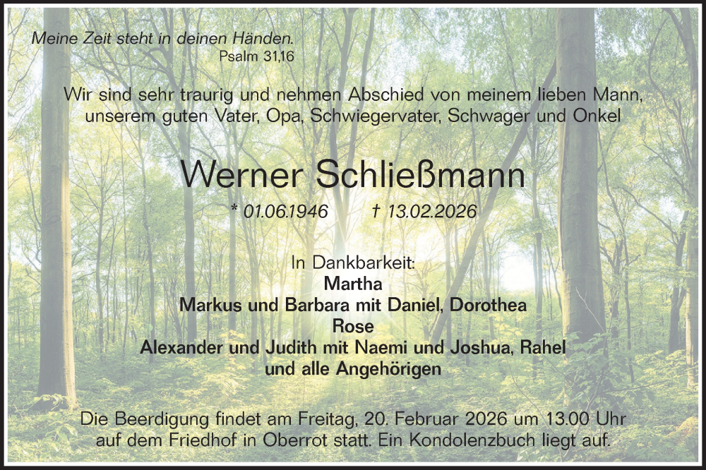  Traueranzeige für Werner Schließmann vom 18.02.2026 aus Rundschau Gaildorf/Haller Tagblatt